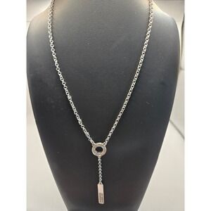 Silver Tone Crystal Pave Circle and Bar Lariat Necklace with X Charm Extender